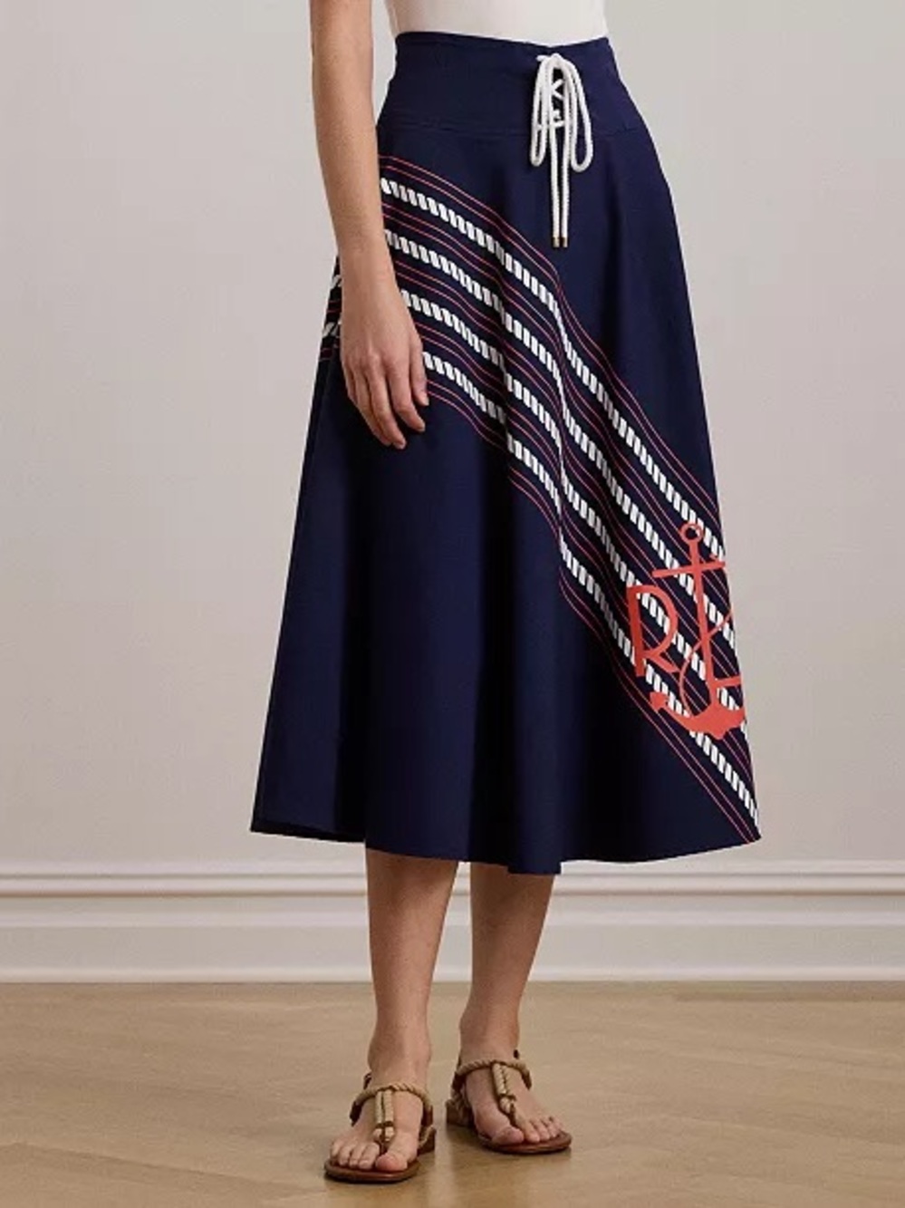 Ralph Lauren Rope Nautical Print Navy Midi Skirt Twill Lace 22W NWT Bear Preppy - Picture 3 of 5